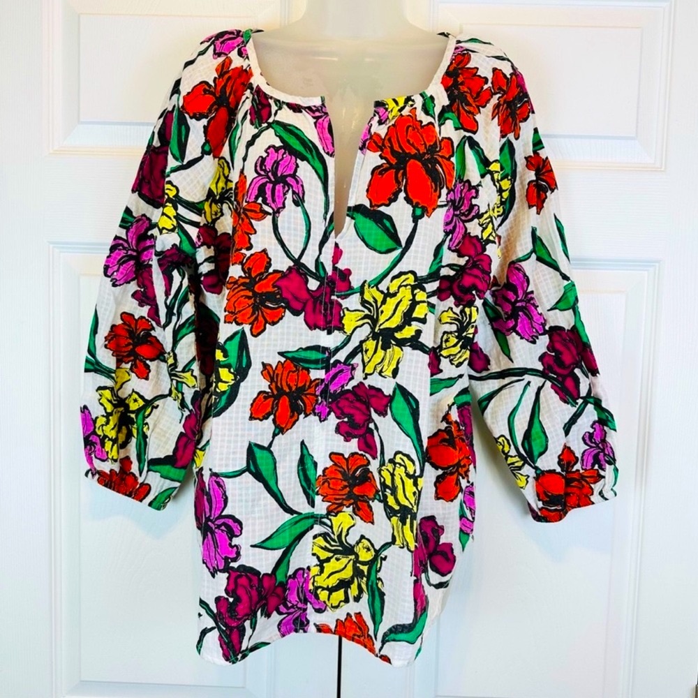 ROLLER RABBIT 100% Cotton Colorful Floral Jorales Lucy Top Peasant Blouse Tunic